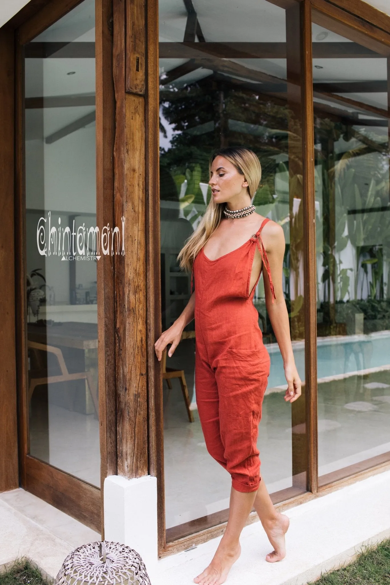 Fitted Linen Jumpsuit 3/4 / Women Midi Overalls with Pockets & Back Zip / Red Ochre