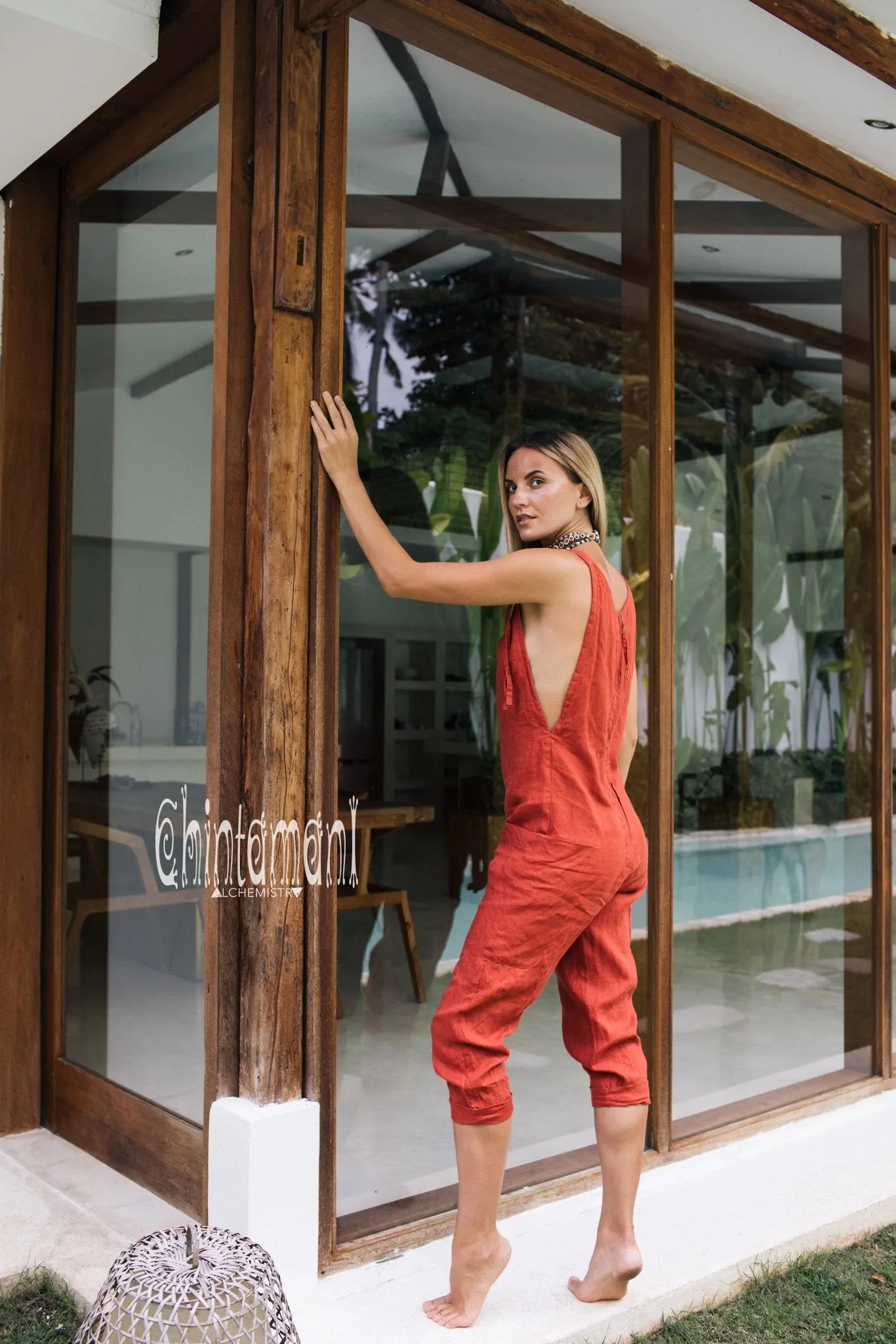 Fitted Linen Jumpsuit 3/4 / Women Midi Overalls with Pockets & Back Zip / Red Ochre