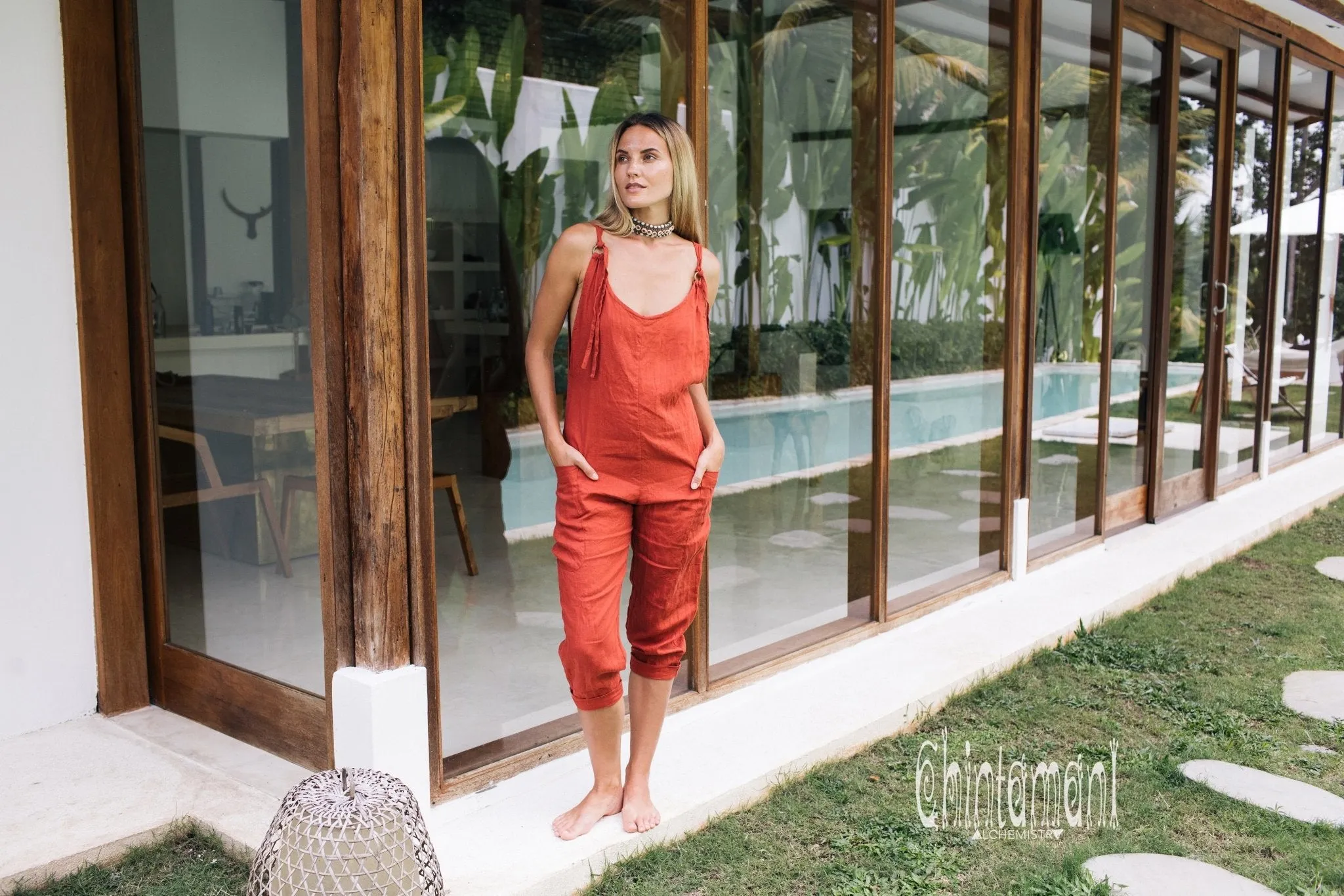 Fitted Linen Jumpsuit 3/4 / Women Midi Overalls with Pockets & Back Zip / Red Ochre