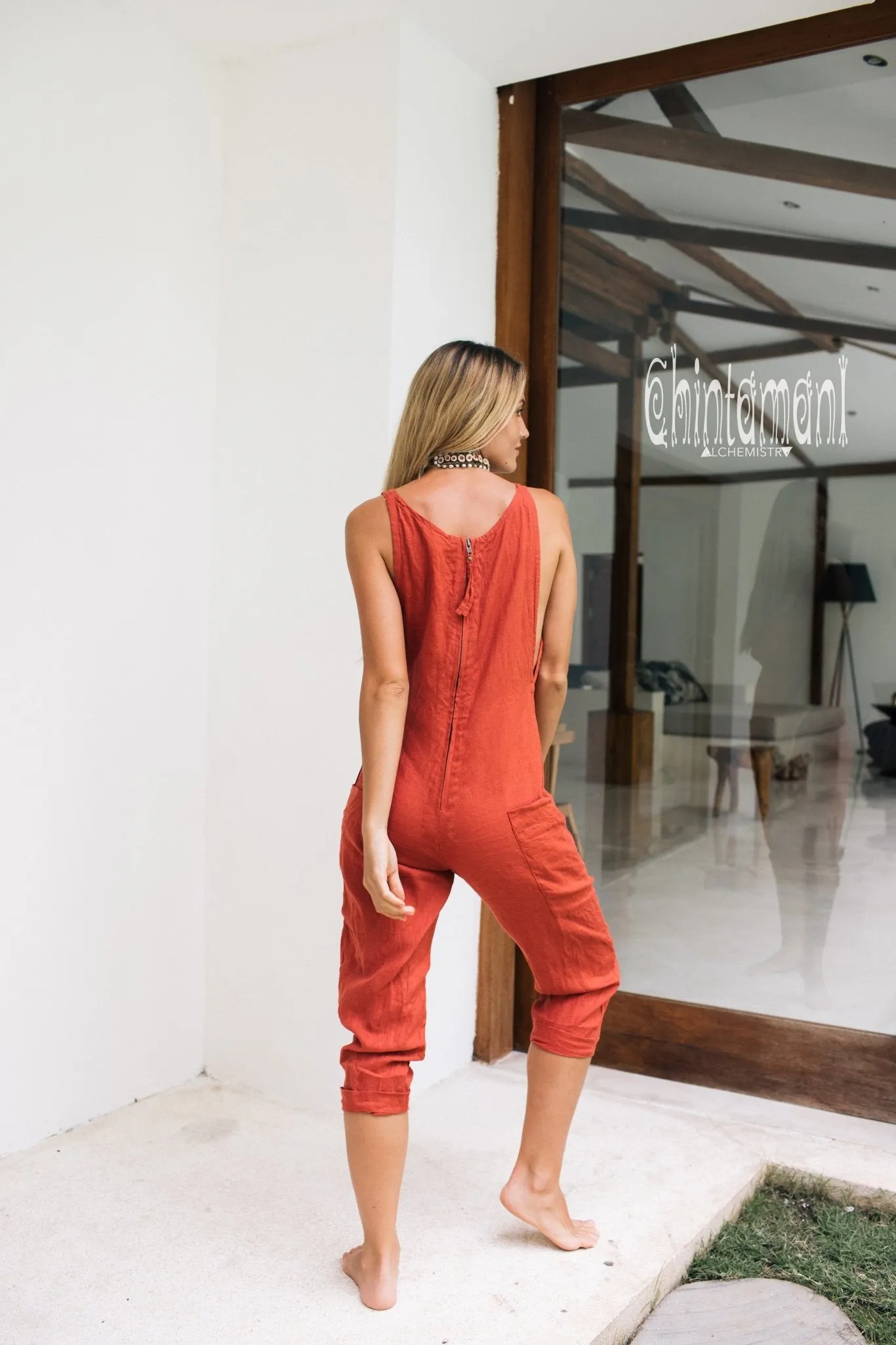 Fitted Linen Jumpsuit 3/4 / Women Midi Overalls with Pockets & Back Zip / Red Ochre