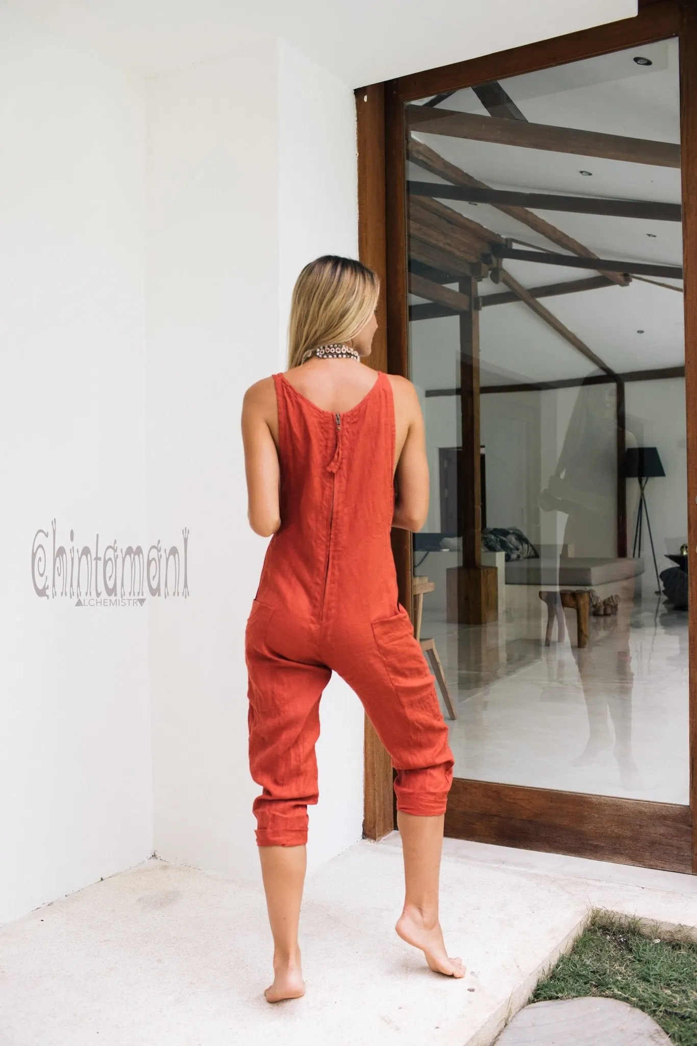 Fitted Linen Jumpsuit 3/4 / Women Midi Overalls with Pockets & Back Zip / Red Ochre
