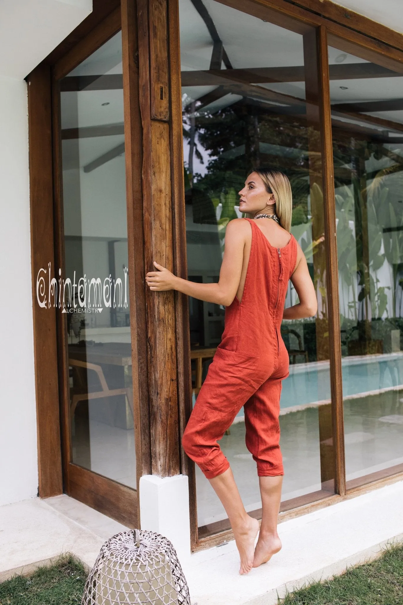 Fitted Linen Jumpsuit 3/4 / Women Midi Overalls with Pockets & Back Zip / Red Ochre