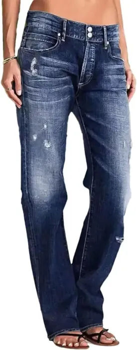 Flamingals Women's Low Rise Straight Leg Jeans Stretchy Ripped Raw Hem Casual Denim Jeans