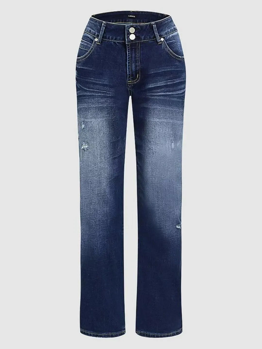 Flamingals Women's Low Rise Straight Leg Jeans Stretchy Ripped Raw Hem Casual Denim Jeans