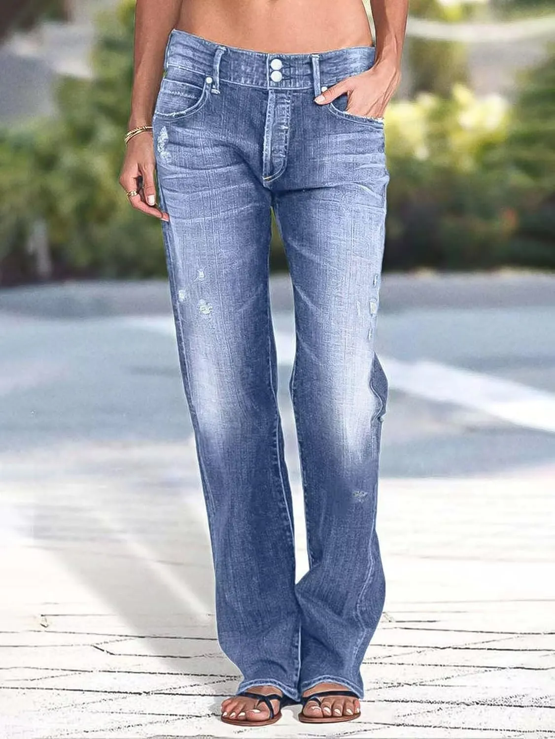 Flamingals Women's Low Rise Straight Leg Jeans Stretchy Ripped Raw Hem Casual Denim Jeans