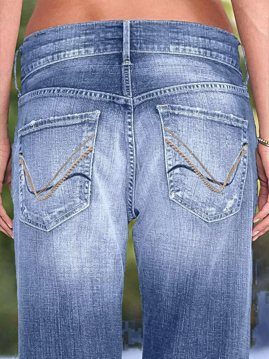 Flamingals Women's Low Rise Straight Leg Jeans Stretchy Ripped Raw Hem Casual Denim Jeans