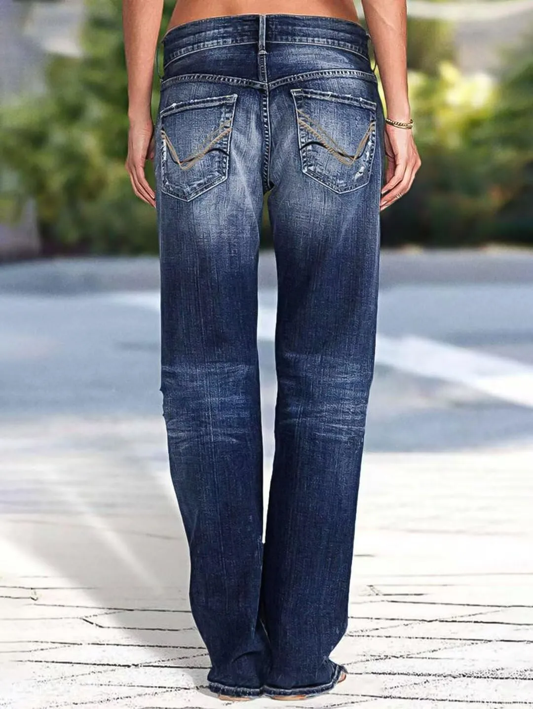 Flamingals Women's Low Rise Straight Leg Jeans Stretchy Ripped Raw Hem Casual Denim Jeans