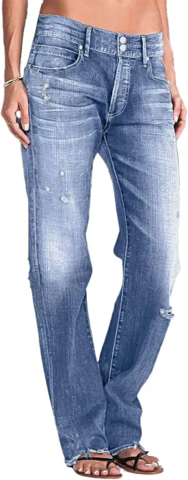 Flamingals Women's Low Rise Straight Leg Jeans Stretchy Ripped Raw Hem Casual Denim Jeans