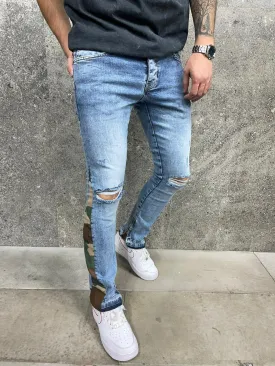 Flared Camo Skinny Jeans - Stonewashed Blue Y20