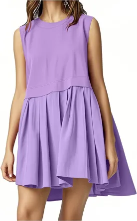 FP Dupe Babydoll Dress for Women Ruffle Pleated Tunic Dress Sleeveless Crew Neck Tank Dresses Loose Fit Clothes