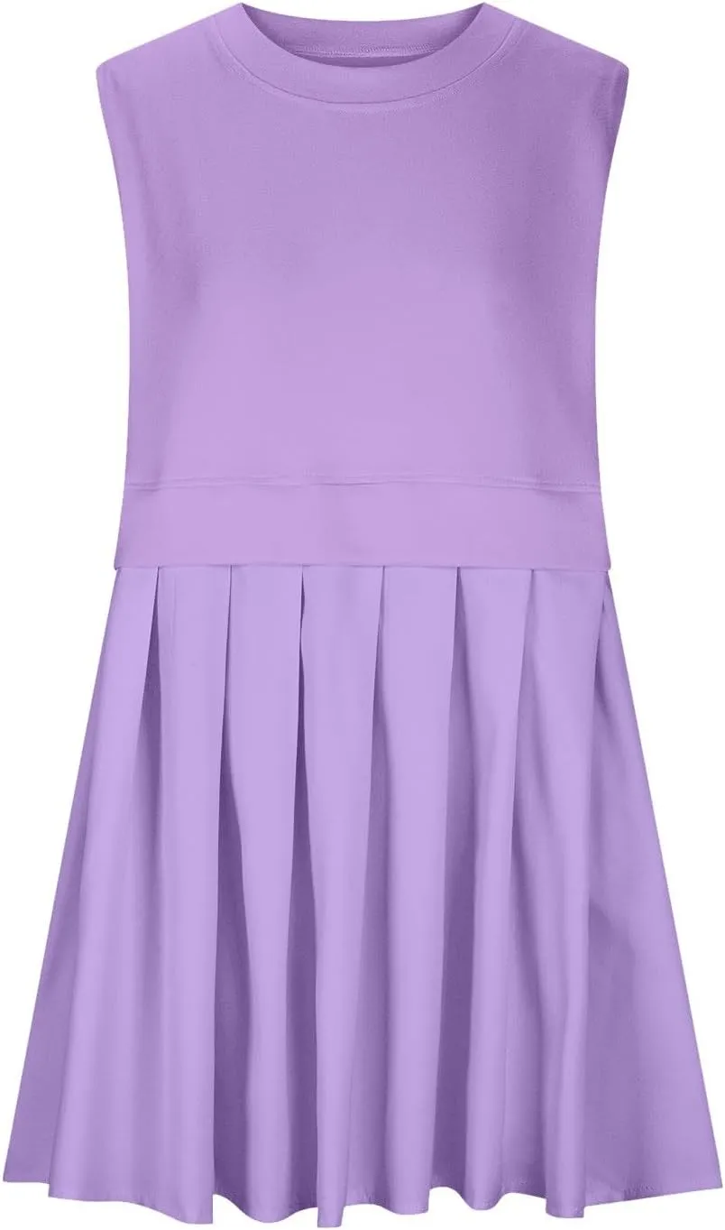 FP Dupe Babydoll Dress for Women Ruffle Pleated Tunic Dress Sleeveless Crew Neck Tank Dresses Loose Fit Clothes