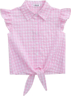 Girls Sleeveless Plaid Button Down Shirt Summer Crop Tops Tie Knot Ruffle Sleeve Shirt Blouse 3-12Y