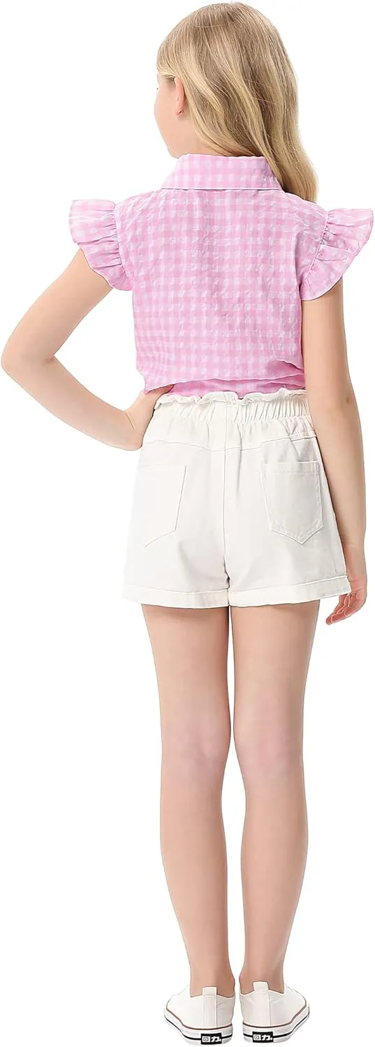 Girls Sleeveless Plaid Button Down Shirt Summer Crop Tops Tie Knot Ruffle Sleeve Shirt Blouse 3-12Y