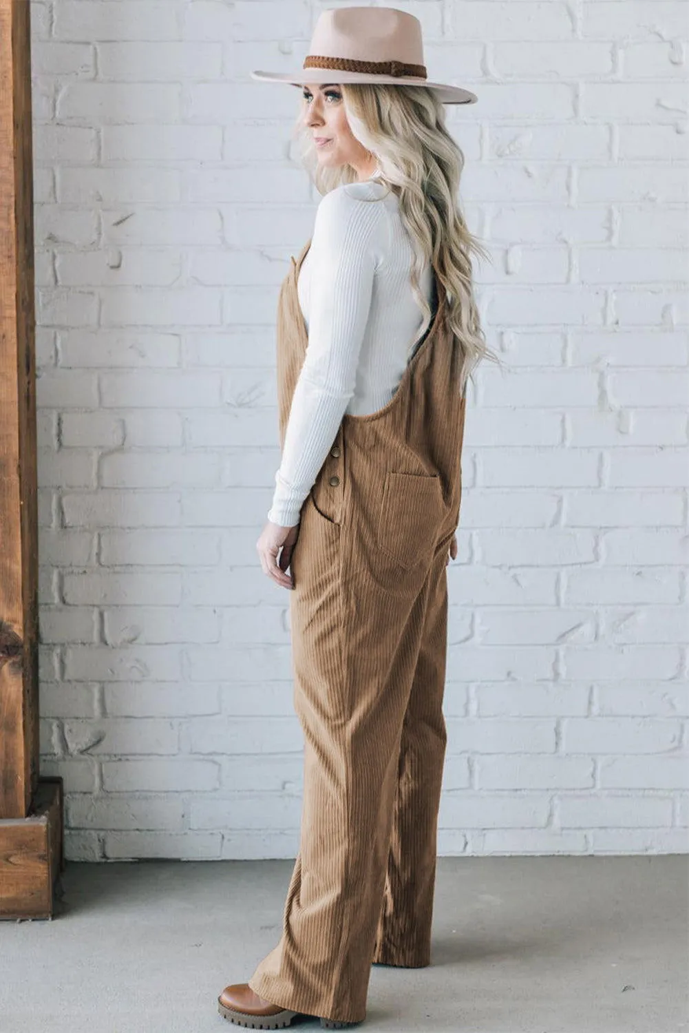 Gray Morn Plain Pocketed Loose Fit Corduroy Overalls
