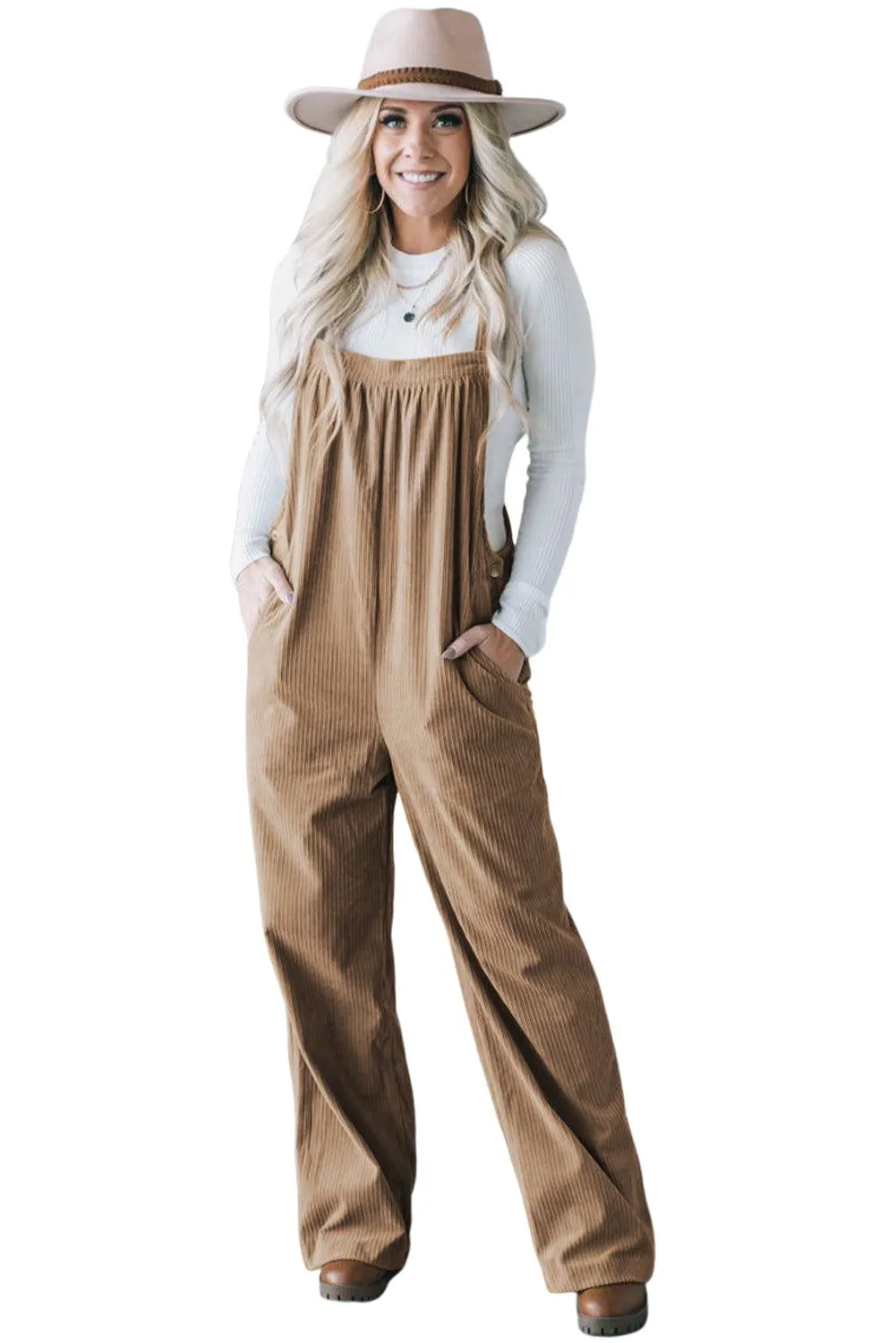 Gray Morn Plain Pocketed Loose Fit Corduroy Overalls