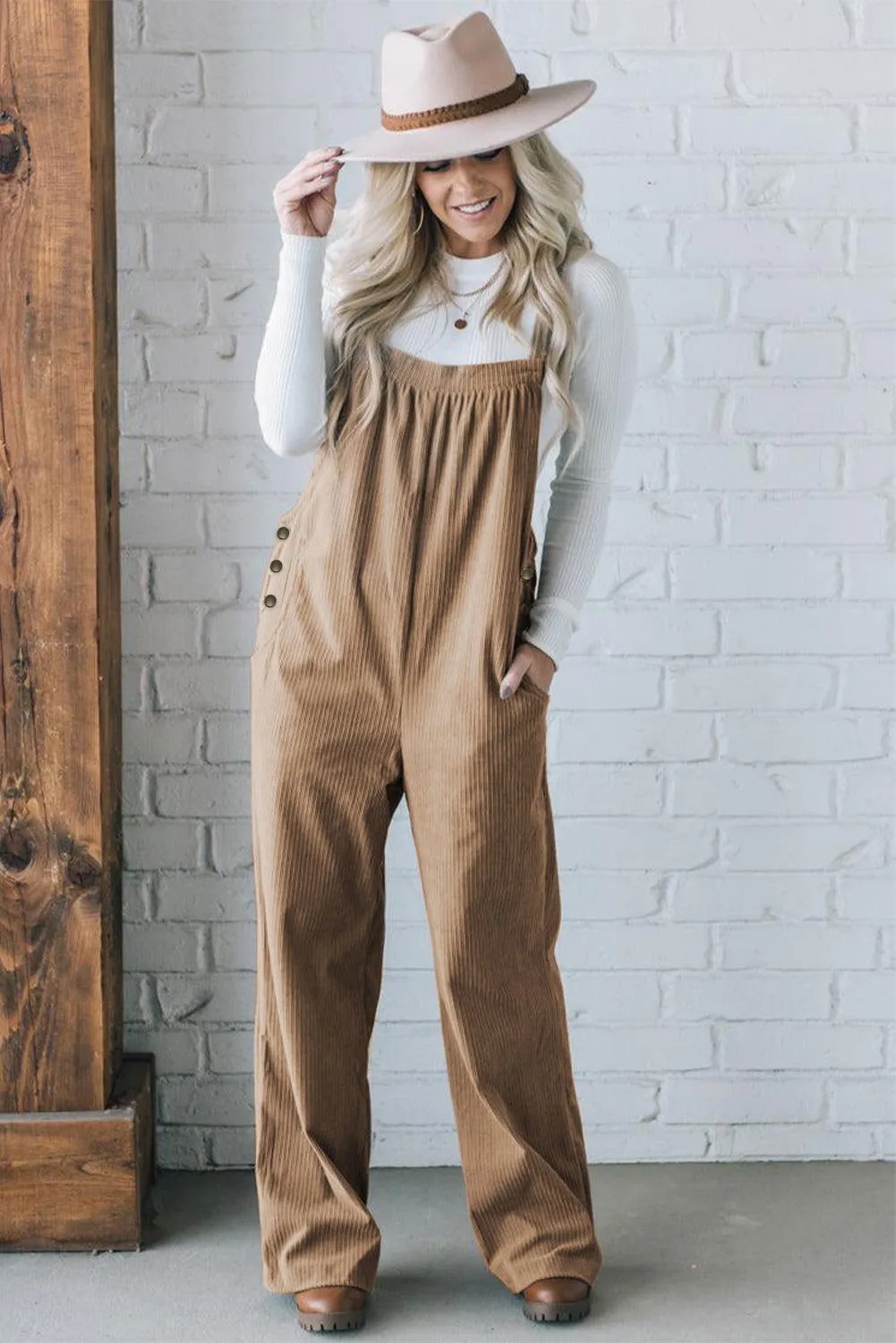 Gray Morn Plain Pocketed Loose Fit Corduroy Overalls