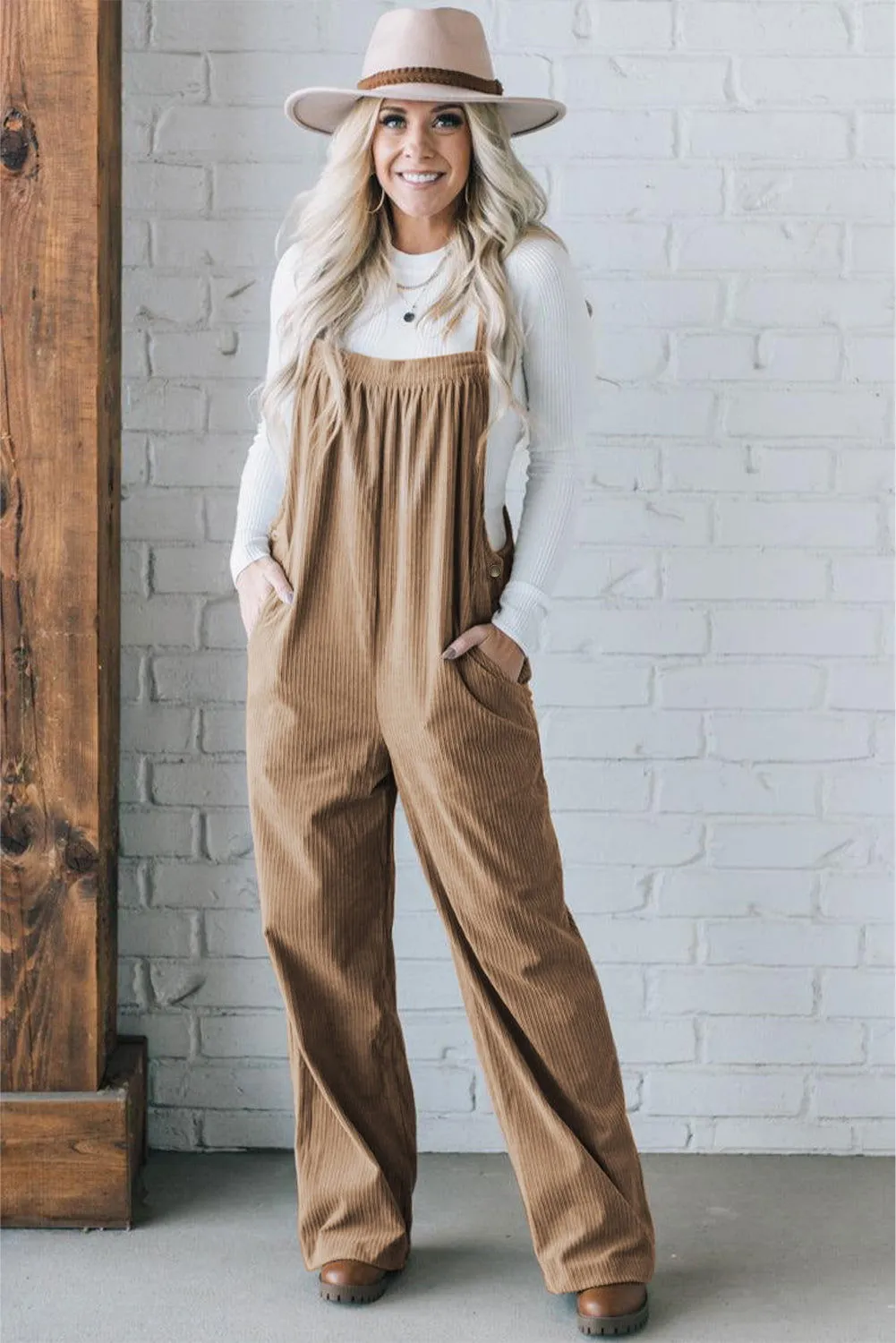 Gray Morn Plain Pocketed Loose Fit Corduroy Overalls