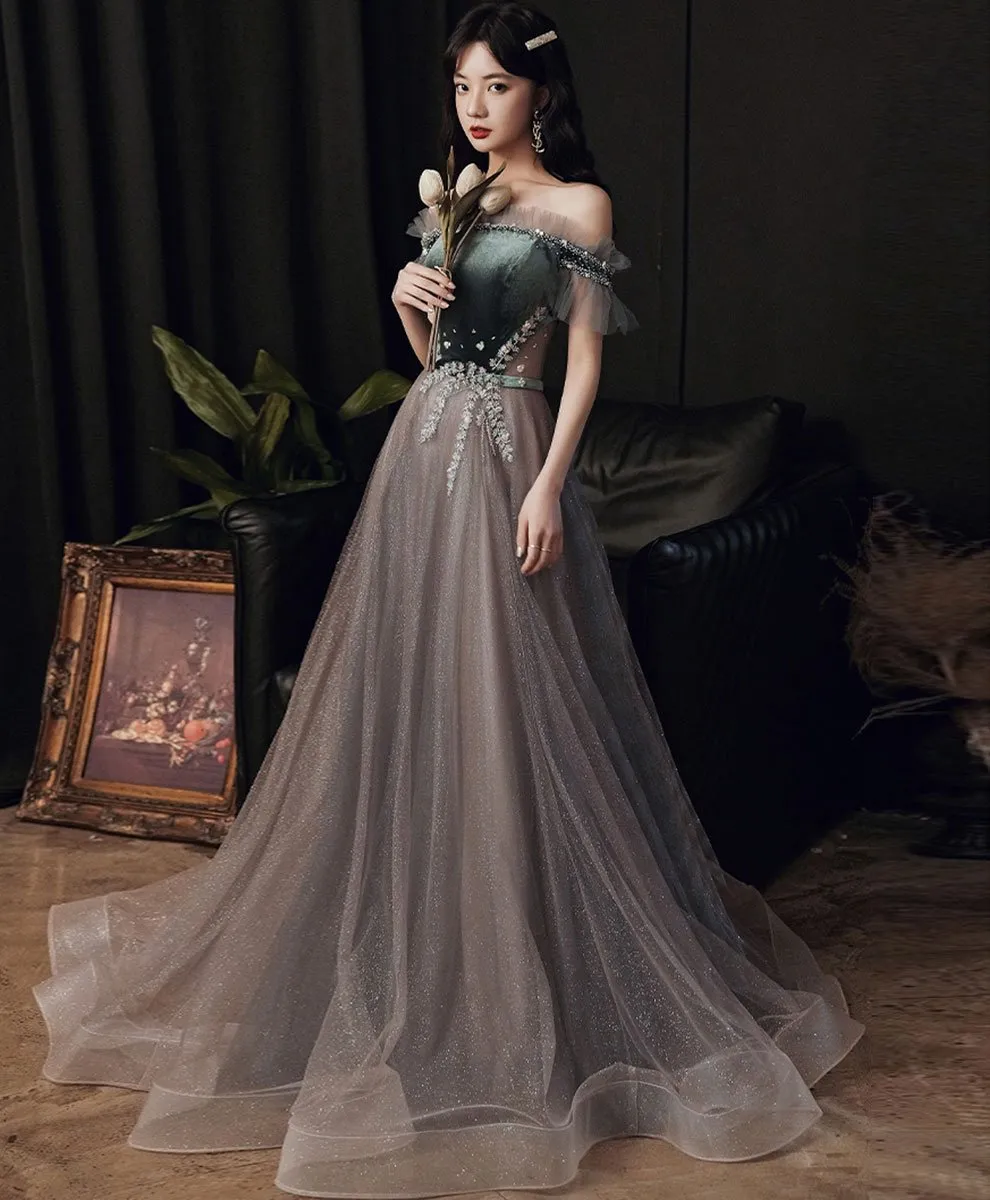 Green Tulle Sequin Long Prom Dress Green Formal Dress