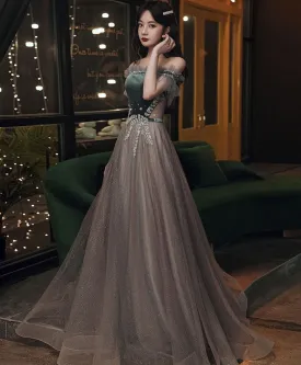 Green Tulle Sequin Long Prom Dress Green Formal Dress