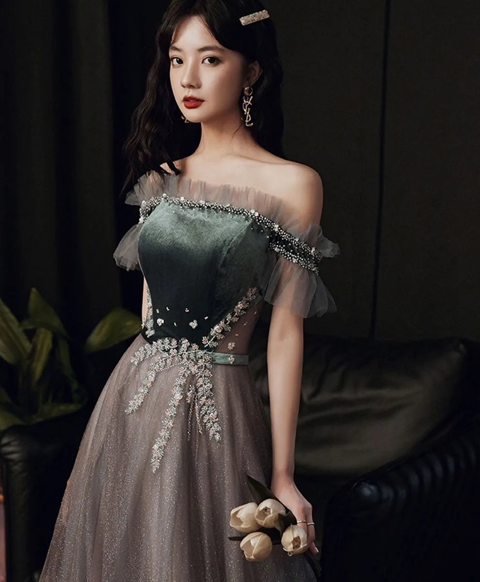 Green Tulle Sequin Long Prom Dress Green Formal Dress