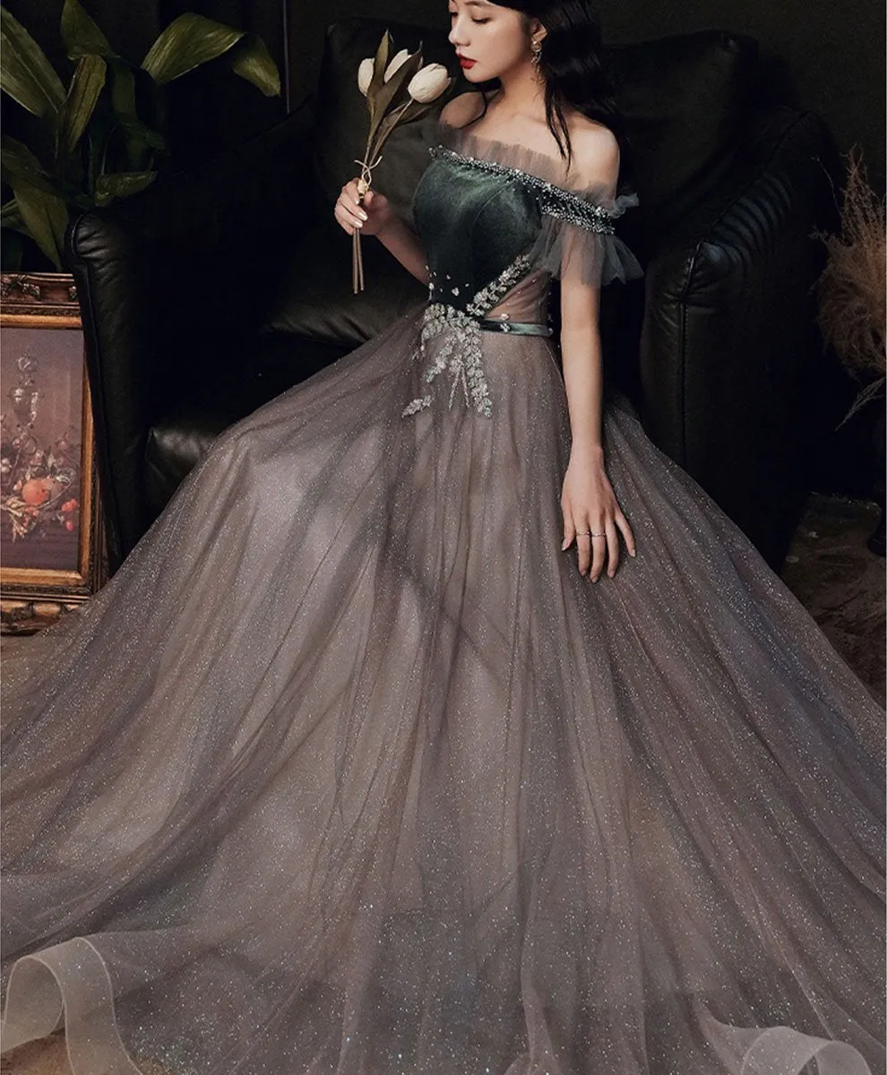Green Tulle Sequin Long Prom Dress Green Formal Dress