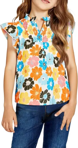 Haloumoning Girls Ruffle Short Sleeve Floral Chiffon Blouses Kids Summer Shirts Tops 5-14 Years