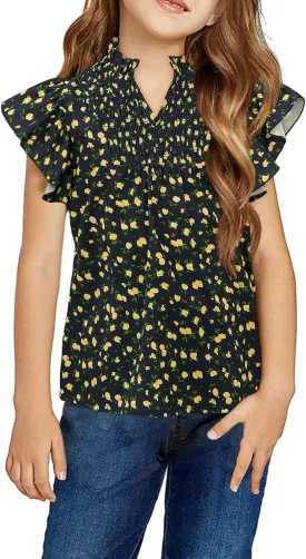 Haloumoning Girls Ruffle Short Sleeve Floral Chiffon Blouses Kids Summer Shirts Tops 5-14 Years