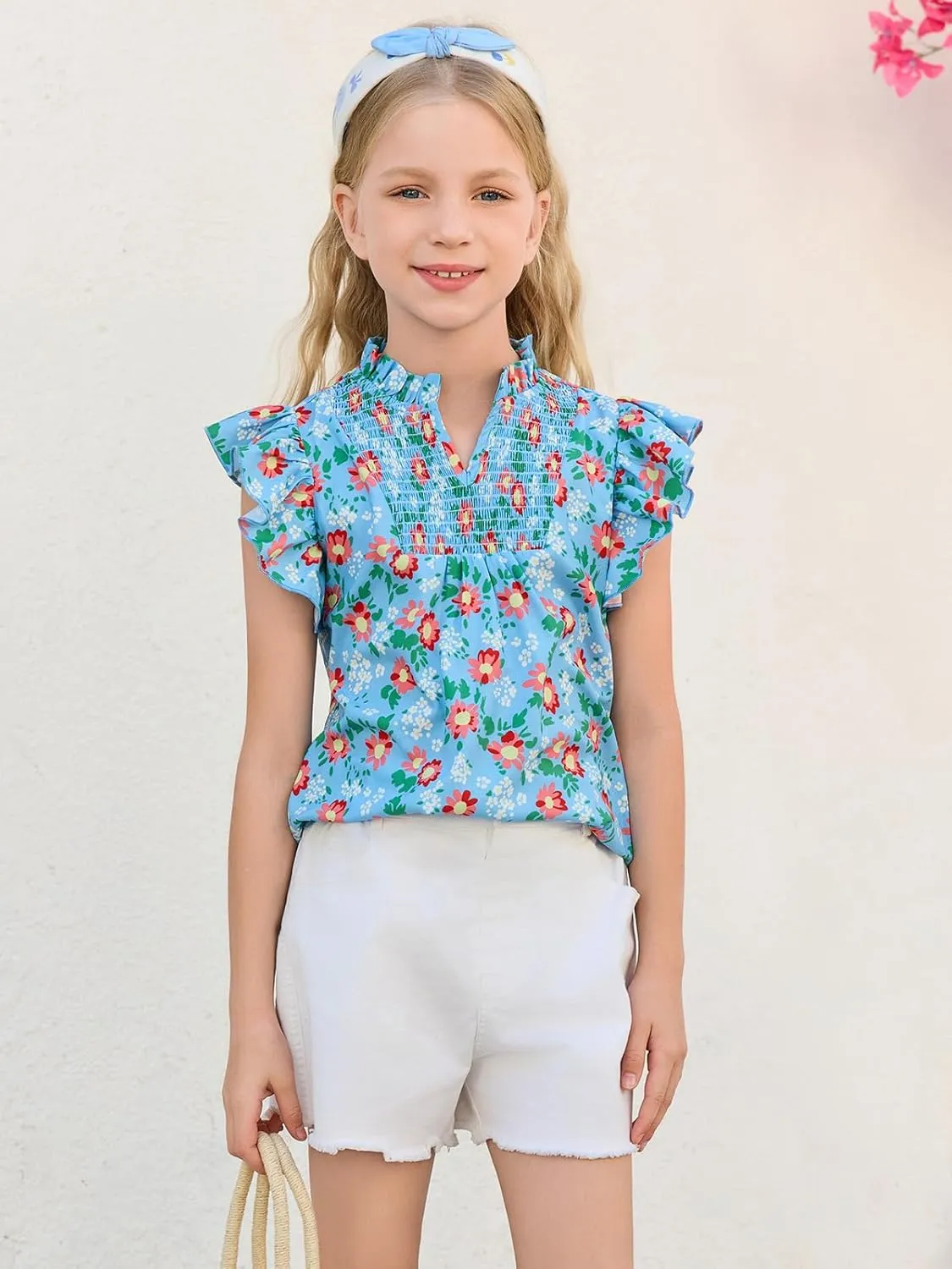 Haloumoning Girls Ruffle Short Sleeve Floral Chiffon Blouses Kids Summer Shirts Tops 5-14 Years