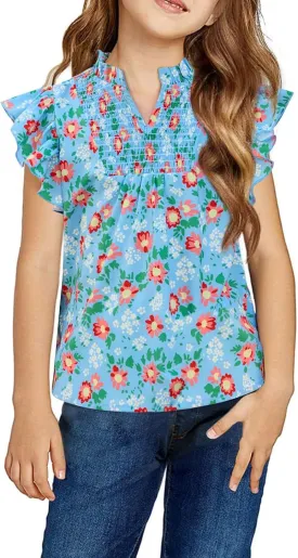 Haloumoning Girls Ruffle Short Sleeve Floral Chiffon Blouses Kids Summer Shirts Tops 5-14 Years