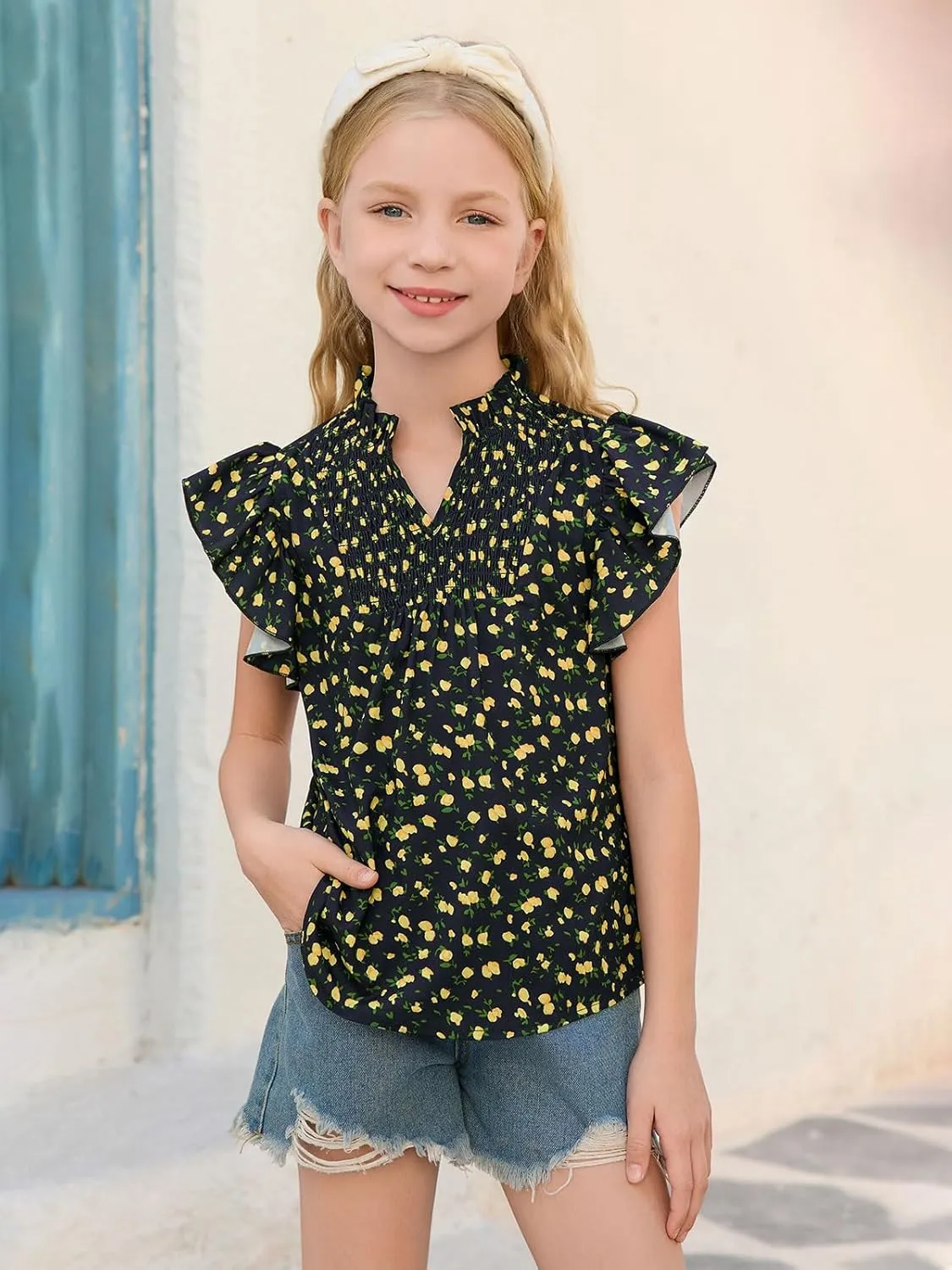 Haloumoning Girls Ruffle Short Sleeve Floral Chiffon Blouses Kids Summer Shirts Tops 5-14 Years