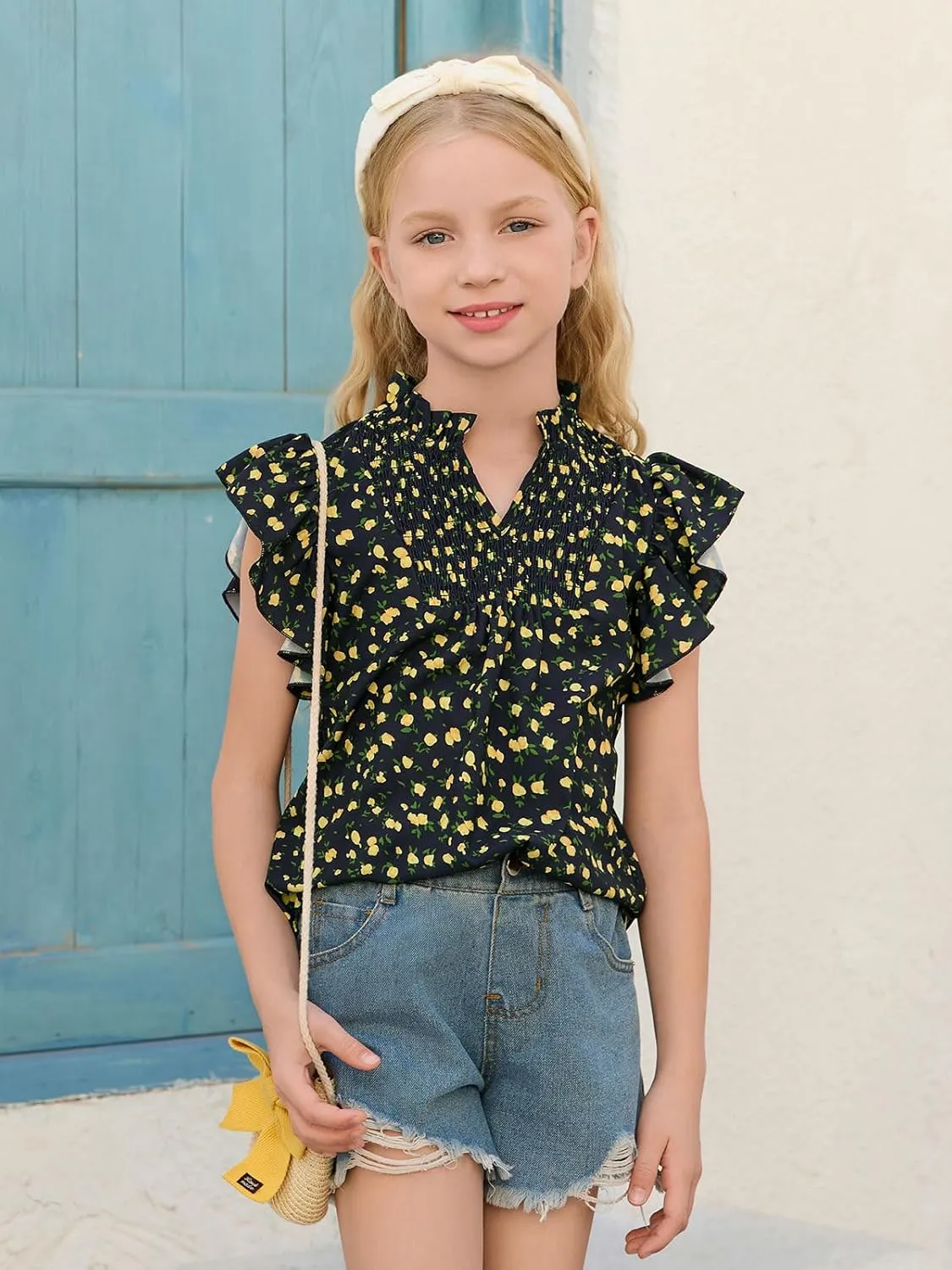 Haloumoning Girls Ruffle Short Sleeve Floral Chiffon Blouses Kids Summer Shirts Tops 5-14 Years
