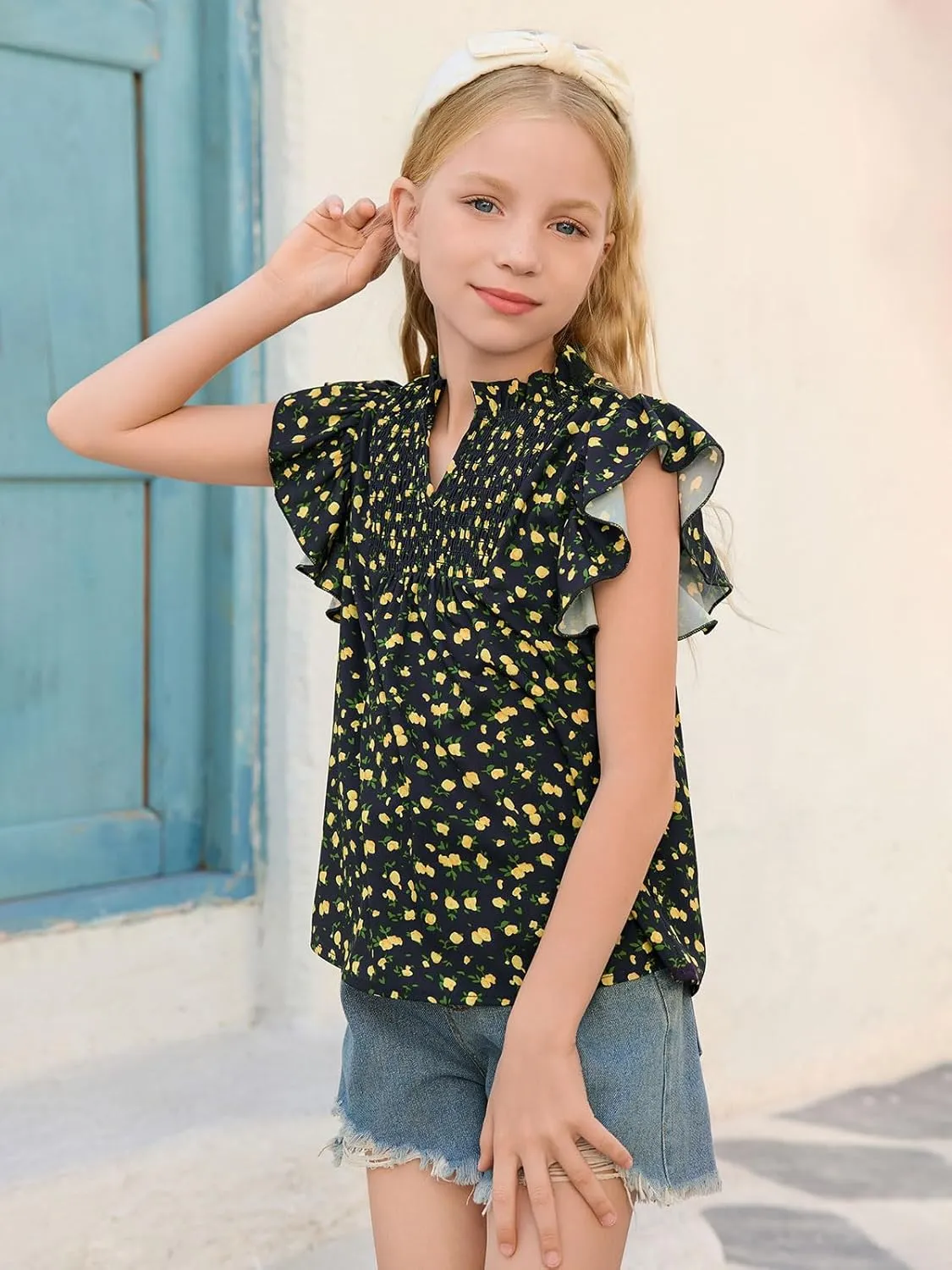 Haloumoning Girls Ruffle Short Sleeve Floral Chiffon Blouses Kids Summer Shirts Tops 5-14 Years