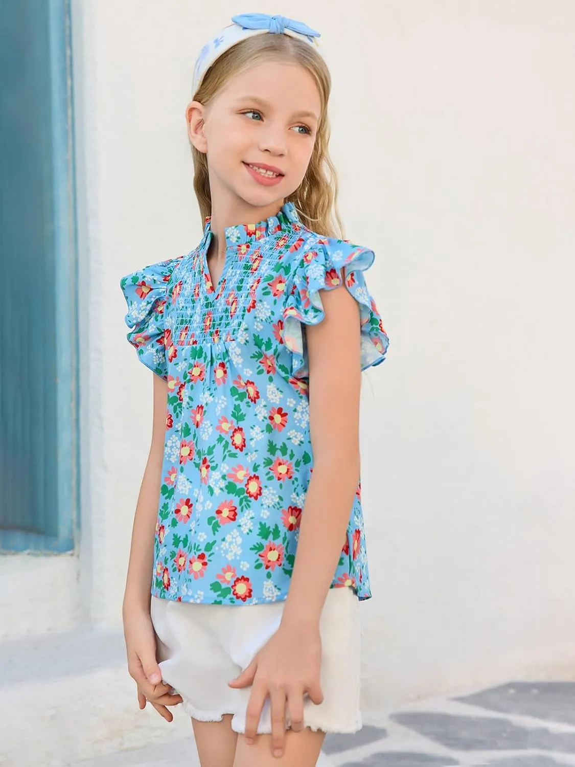 Haloumoning Girls Ruffle Short Sleeve Floral Chiffon Blouses Kids Summer Shirts Tops 5-14 Years