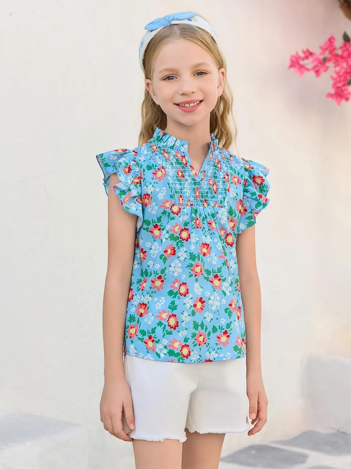 Haloumoning Girls Ruffle Short Sleeve Floral Chiffon Blouses Kids Summer Shirts Tops 5-14 Years