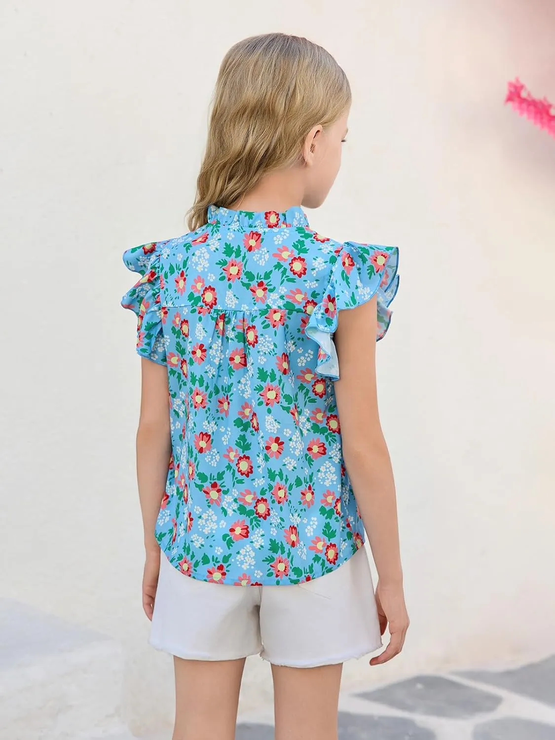 Haloumoning Girls Ruffle Short Sleeve Floral Chiffon Blouses Kids Summer Shirts Tops 5-14 Years
