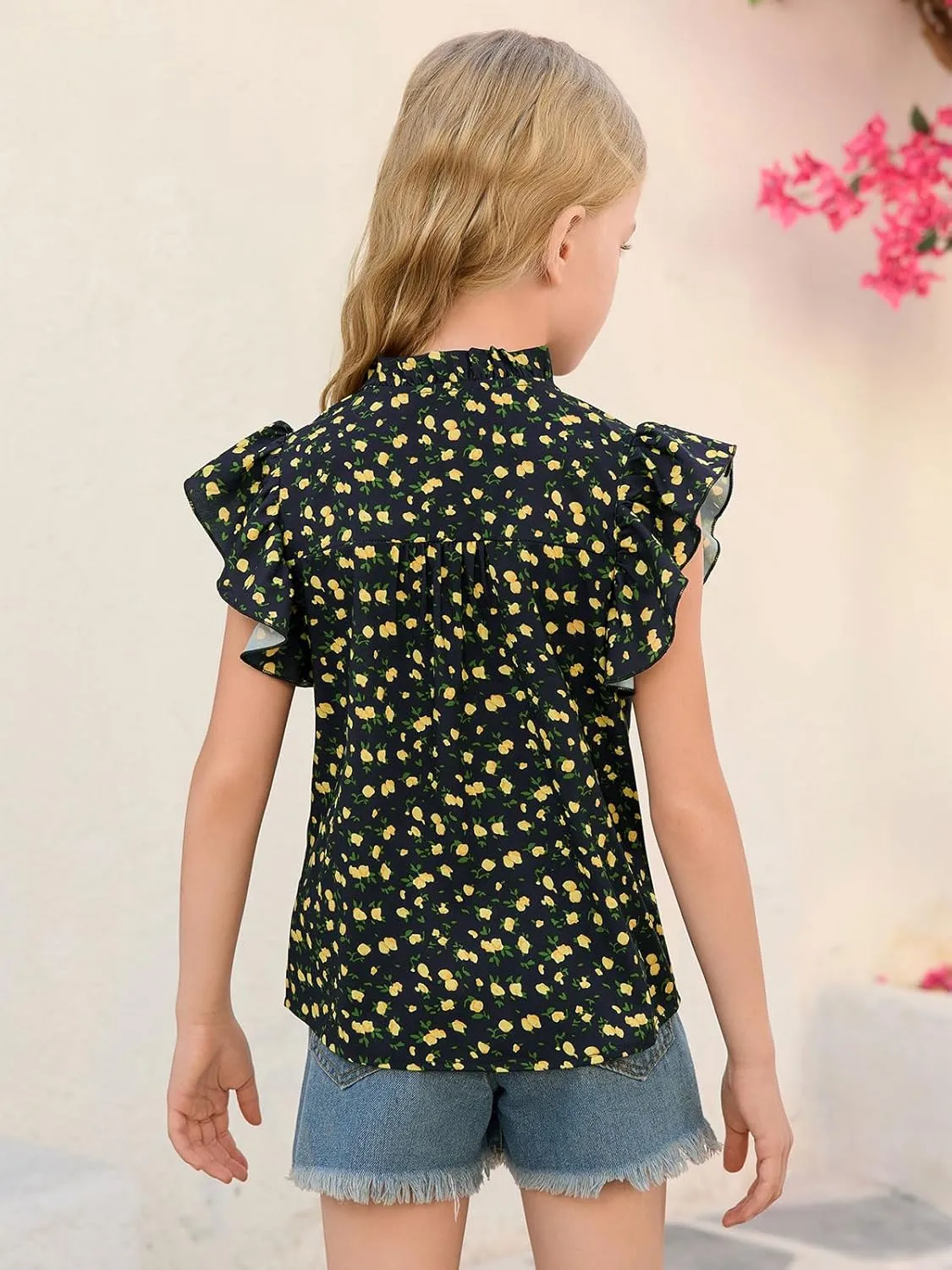 Haloumoning Girls Ruffle Short Sleeve Floral Chiffon Blouses Kids Summer Shirts Tops 5-14 Years