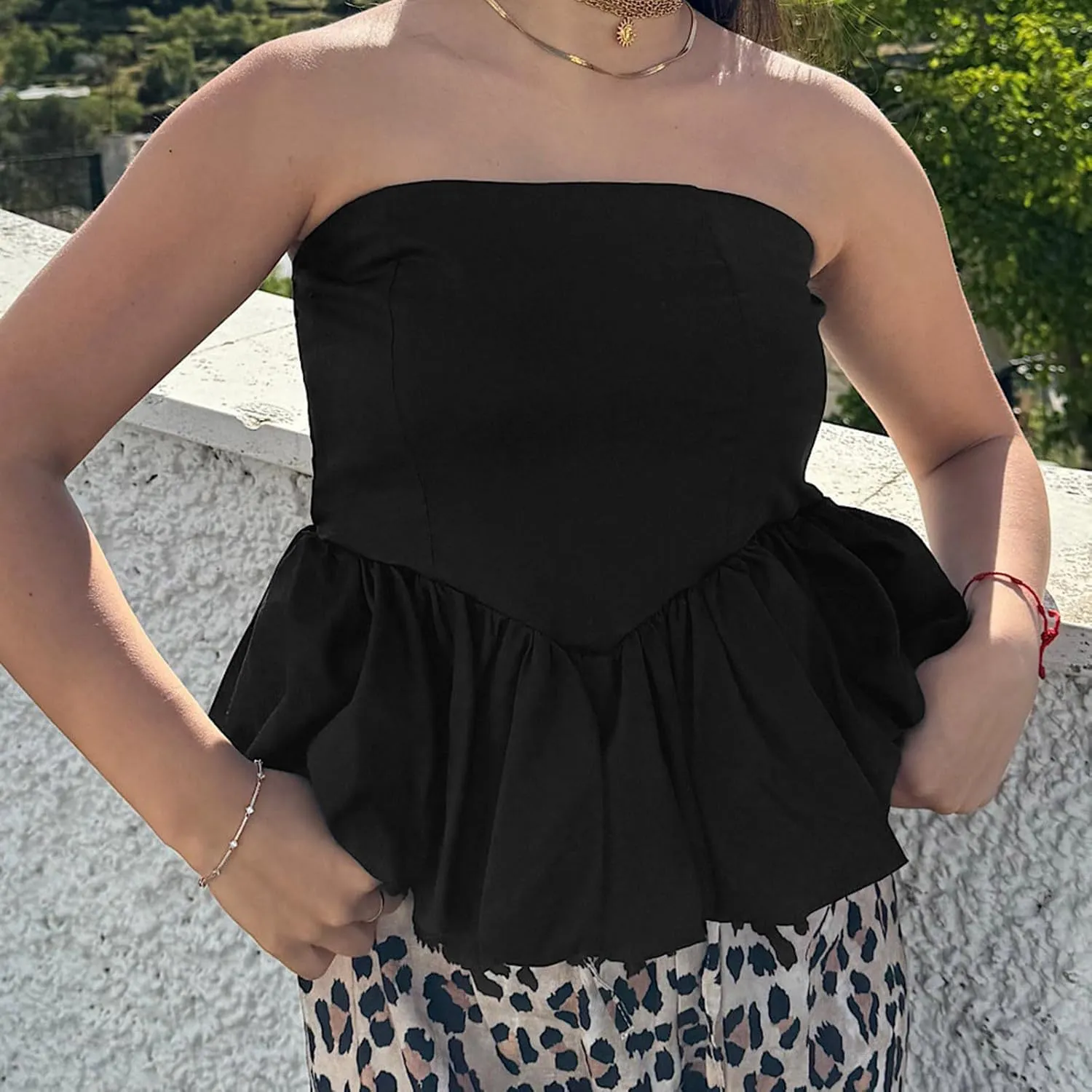 HGps8w Womens Chic Bubble Hem Tube Tops Strapless Off Shoulder Peplum Shirts Sleeveless Going Out Bandeau Tops