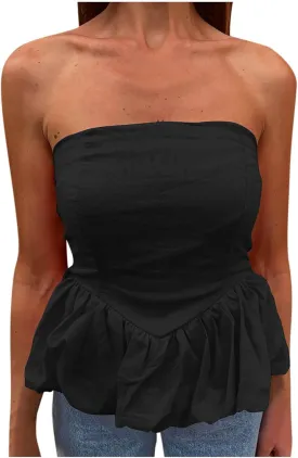 HGps8w Womens Chic Bubble Hem Tube Tops Strapless Off Shoulder Peplum Shirts Sleeveless Going Out Bandeau Tops