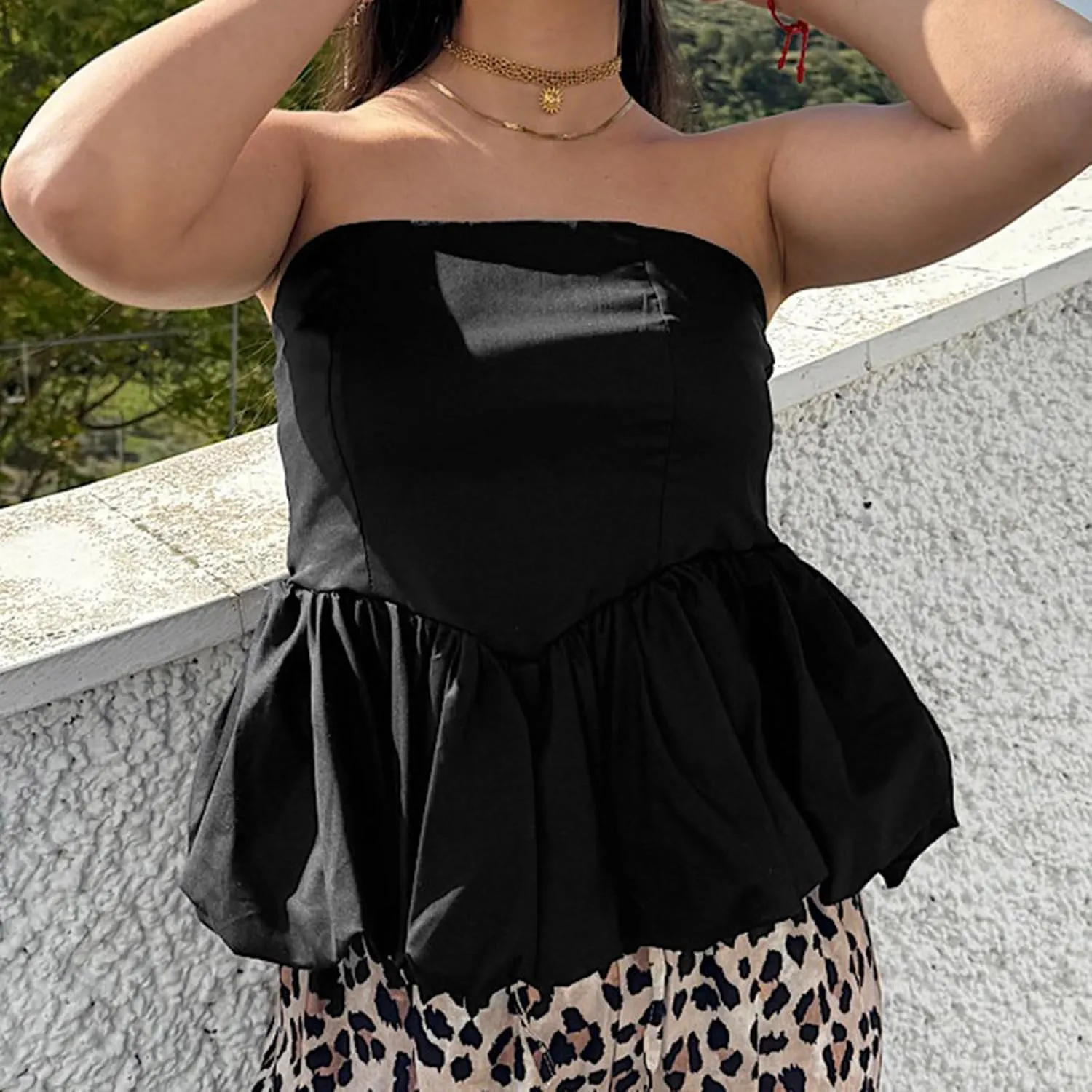 HGps8w Womens Chic Bubble Hem Tube Tops Strapless Off Shoulder Peplum Shirts Sleeveless Going Out Bandeau Tops