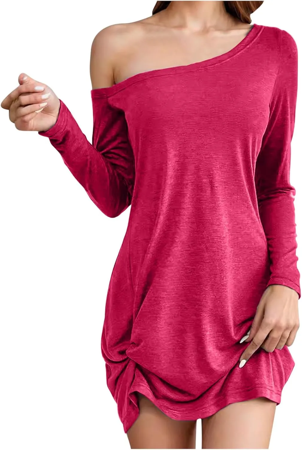 HGps8w Womens Off The Shoulder Sexy Tshirt Dress - Chic Ruched Hem Loose Long Sleeve Pullover Tunic Mini Dresses