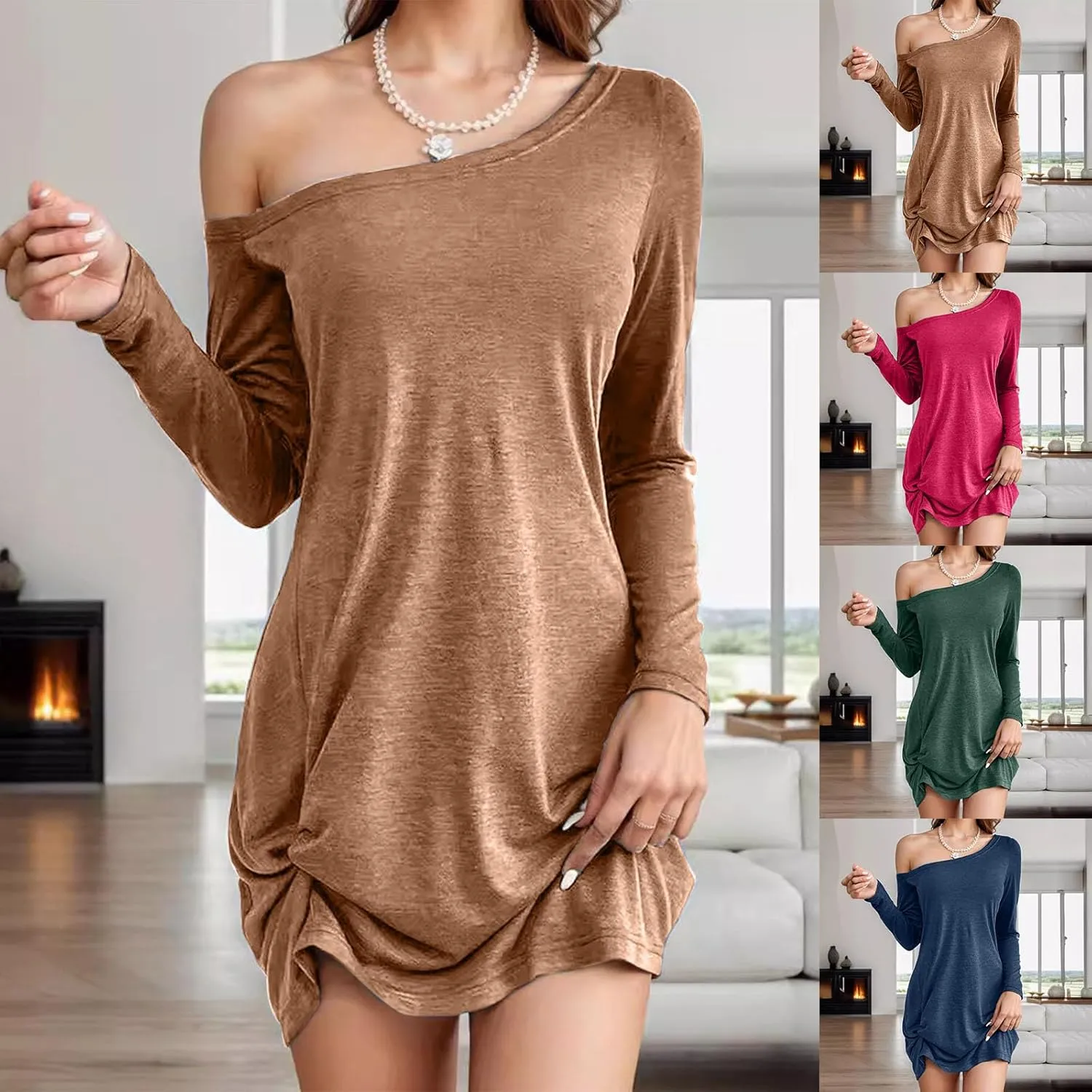 HGps8w Womens Off The Shoulder Sexy Tshirt Dress - Chic Ruched Hem Loose Long Sleeve Pullover Tunic Mini Dresses