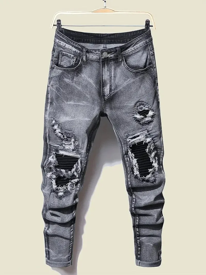 Hnzxzm Men Skinny Denim Spot Jeans Male Patchwork Holes Ripped Stretch Fit Casual Jeans Slim Fit Trousers Streetwear Jeans Pants