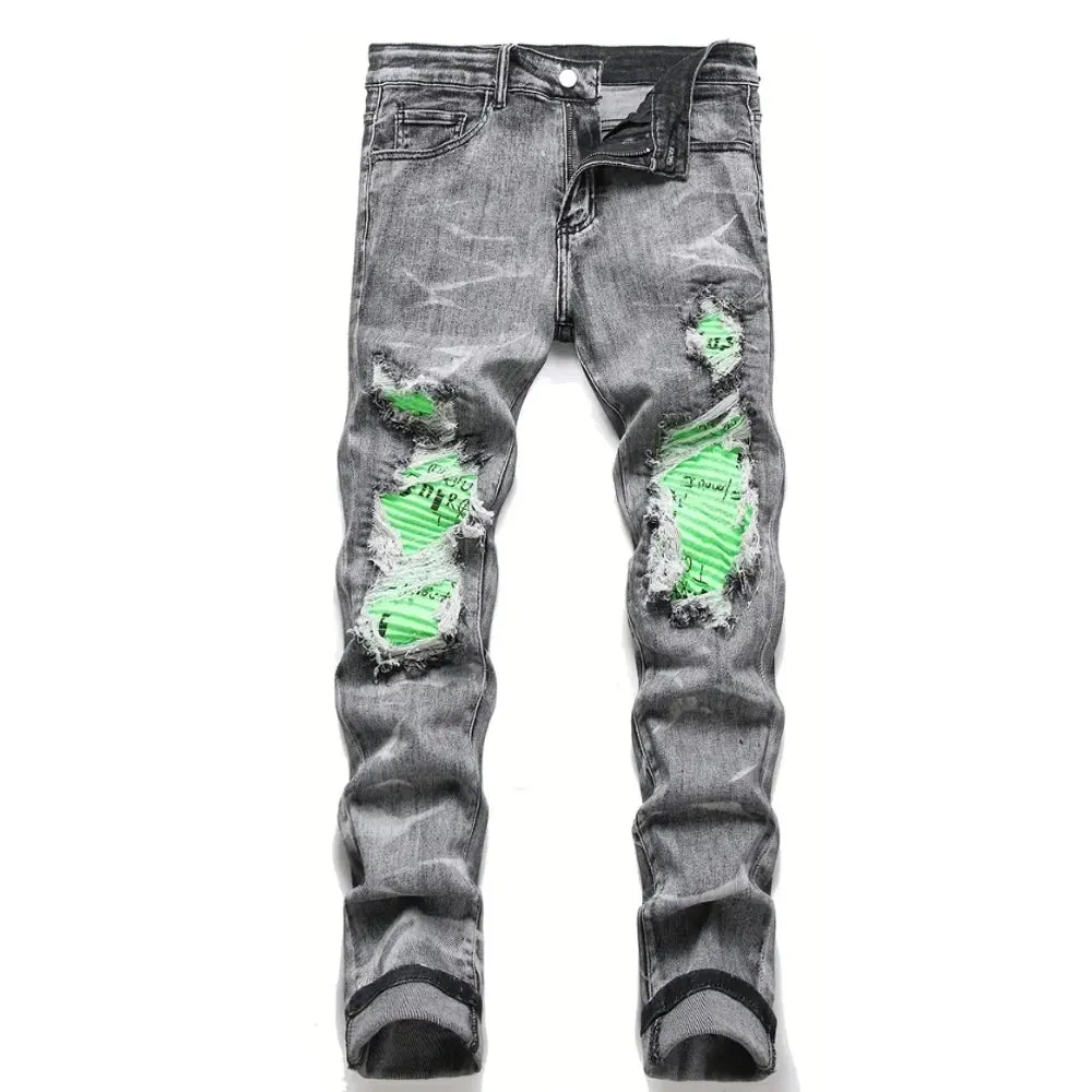 Hnzxzm Men Skinny Denim Spot Jeans Male Patchwork Holes Ripped Stretch Fit Casual Jeans Slim Fit Trousers Streetwear Jeans Pants