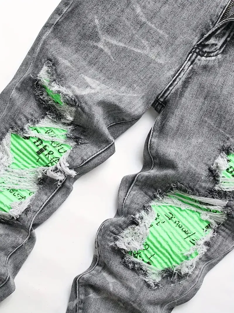 Hnzxzm Men Skinny Denim Spot Jeans Male Patchwork Holes Ripped Stretch Fit Casual Jeans Slim Fit Trousers Streetwear Jeans Pants