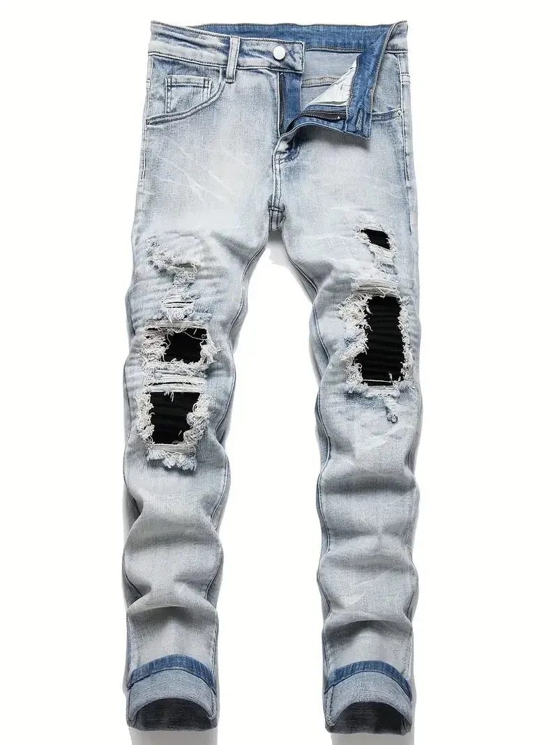 Hnzxzm Men Skinny Denim Spot Jeans Male Patchwork Holes Ripped Stretch Fit Casual Jeans Slim Fit Trousers Streetwear Jeans Pants