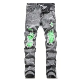 Hnzxzm Men Skinny Denim Spot Jeans Male Patchwork Holes Ripped Stretch Fit Casual Jeans Slim Fit Trousers Streetwear Jeans Pants