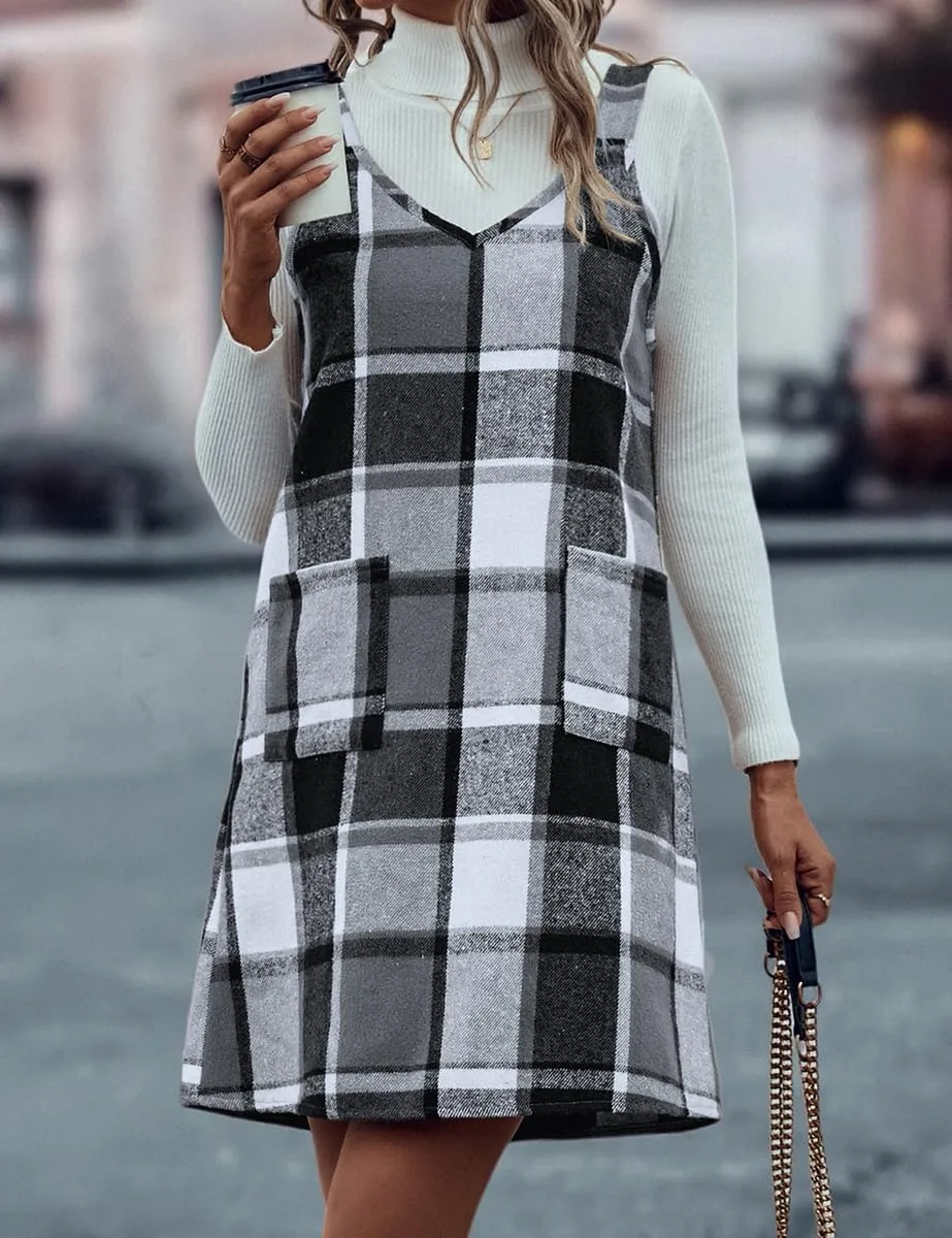 IDEALSANXUN Plaid Overall Dress for Women Fall Winter Sleeveless Plaid Dresses with Pockets