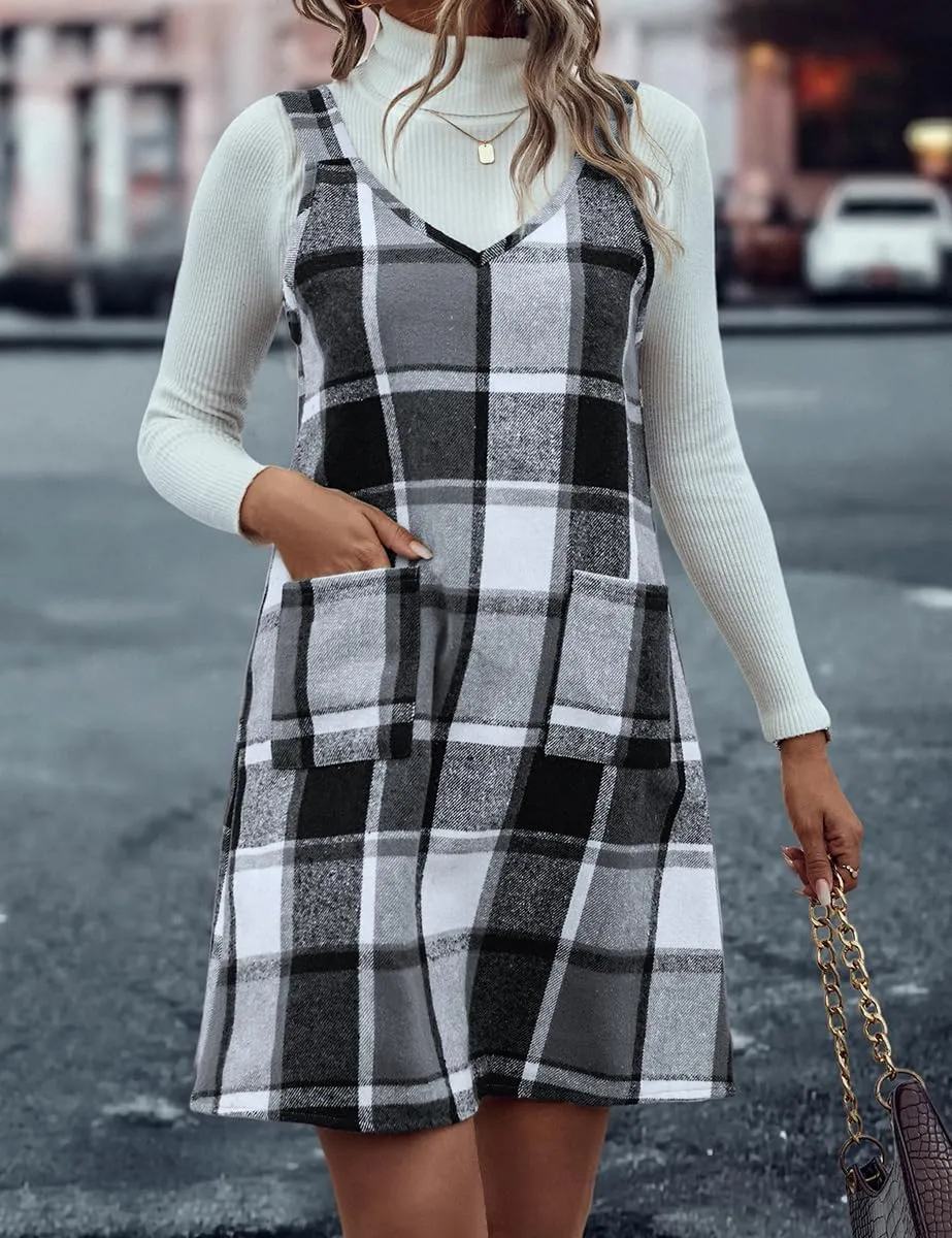 IDEALSANXUN Plaid Overall Dress for Women Fall Winter Sleeveless Plaid Dresses with Pockets