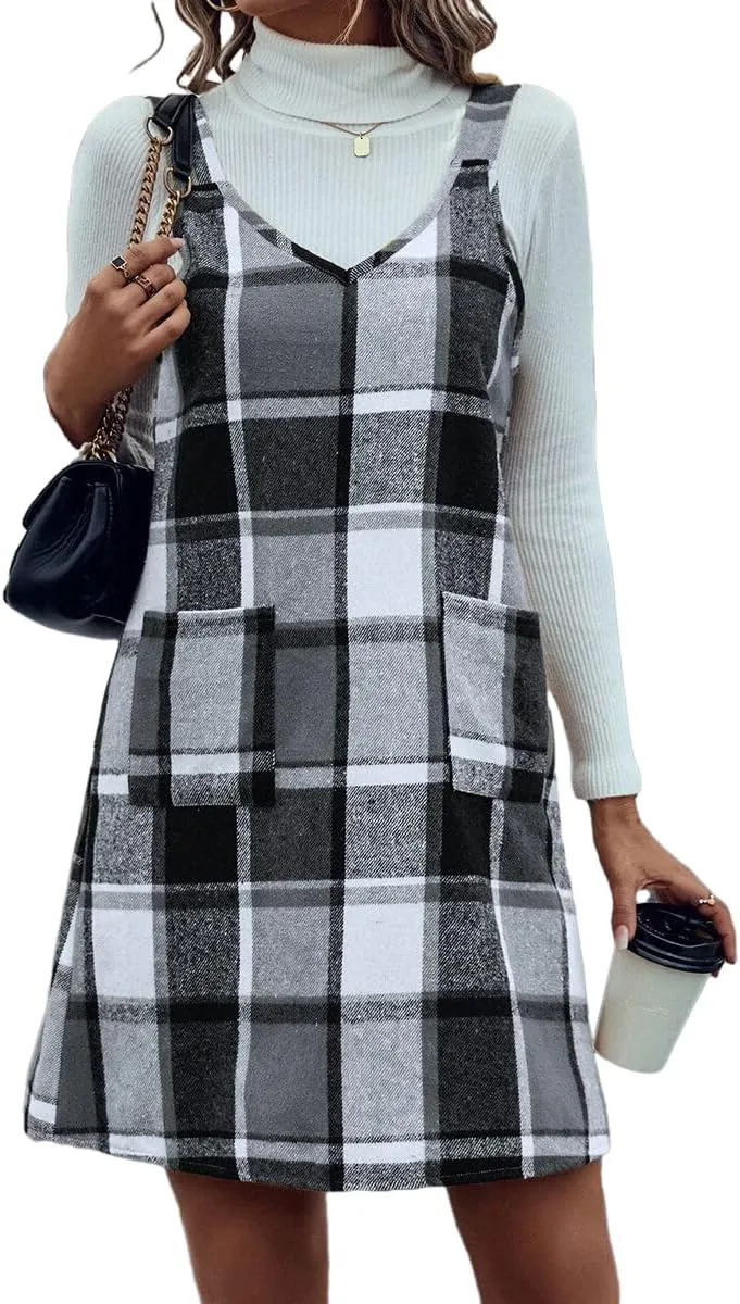 IDEALSANXUN Plaid Overall Dress for Women Fall Winter Sleeveless Plaid Dresses with Pockets