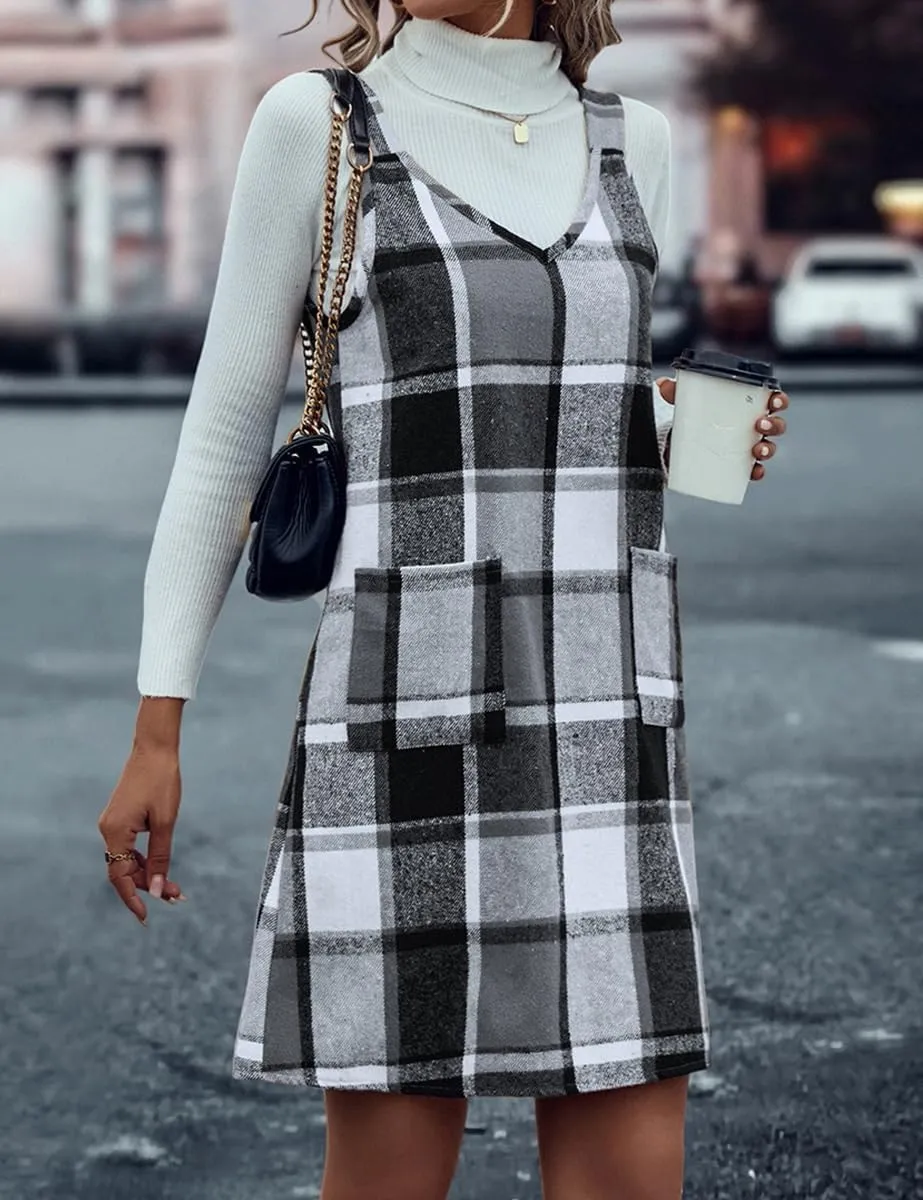 IDEALSANXUN Plaid Overall Dress for Women Fall Winter Sleeveless Plaid Dresses with Pockets